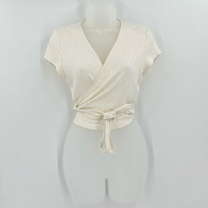 Reformation Womens Wrap Top Ivory Short Sleeve V Neck Stretch Tencel Knit Small